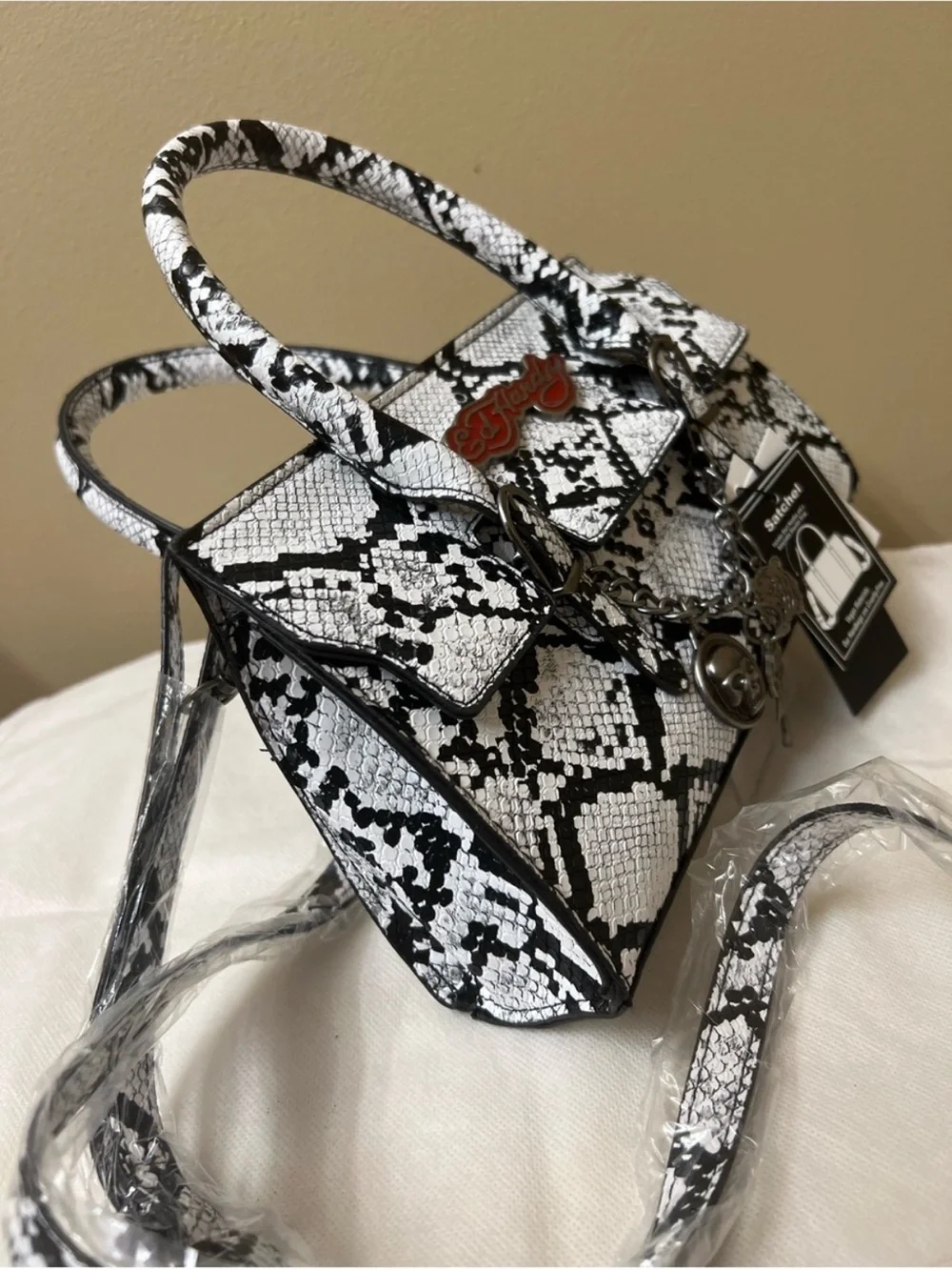 Ed Hardy Black & White Snake-Print Satchel with Charms